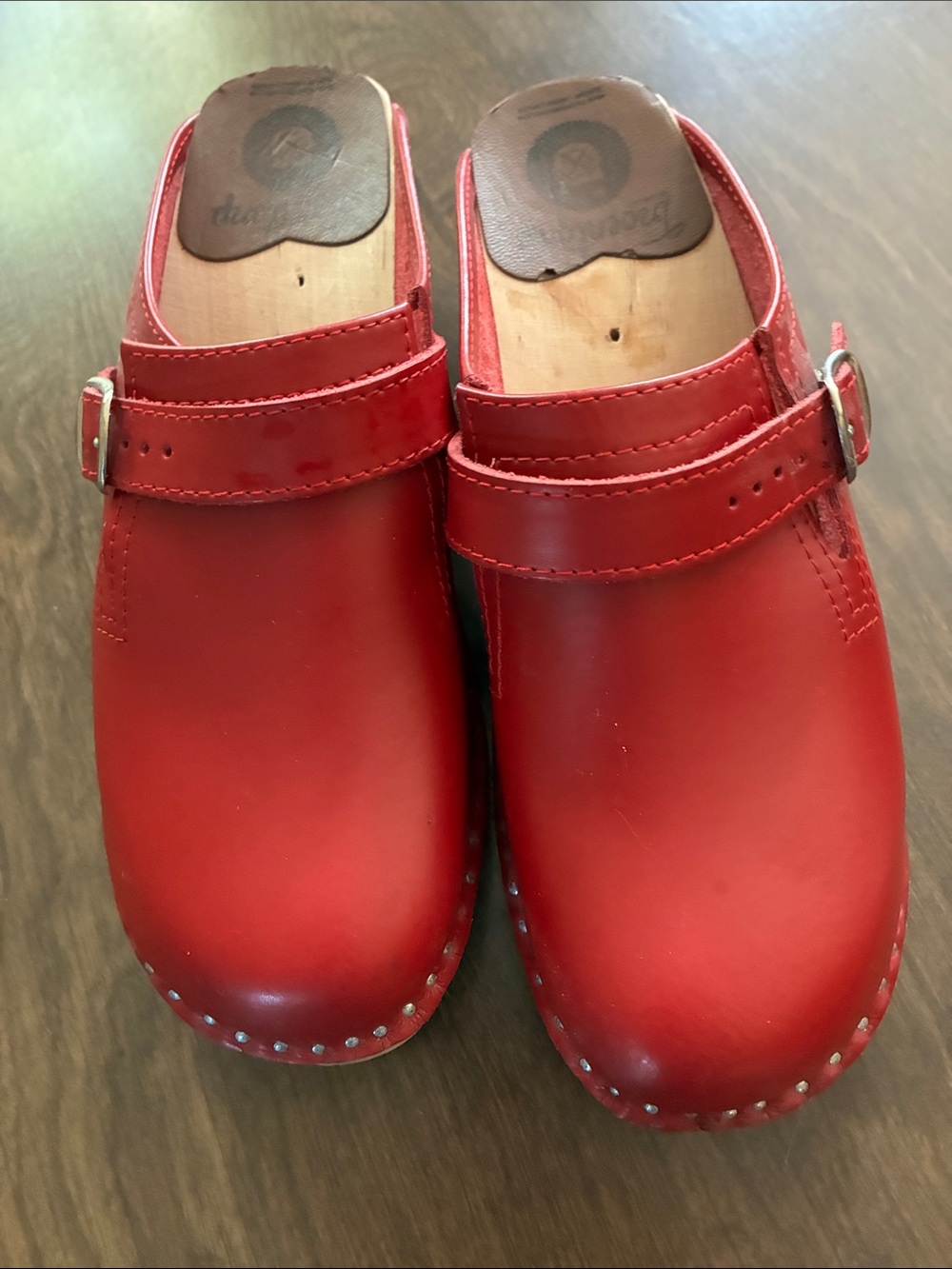 Women’s Red Leather Buckle Clogs with Studded Sole